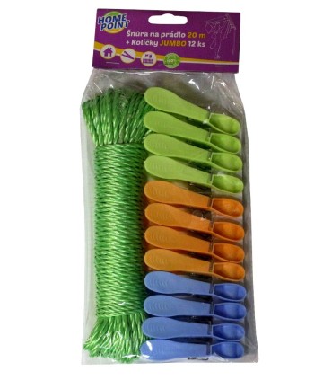 HP Šňůra 20 m pletená + 12 ks kolíčků JUMBO, 23x10x4, plast, mix barev