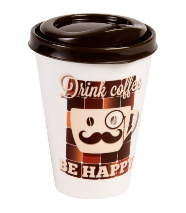 Kelímek RETRO VASO CAFÉ na kávu , s víčkem 3 motivy, 13x9 cm, 0,43 l, plast