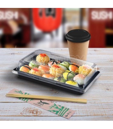 Miska na Sushi (PET) černá 185 x 127 x 20 mm + víčko [1 sada]